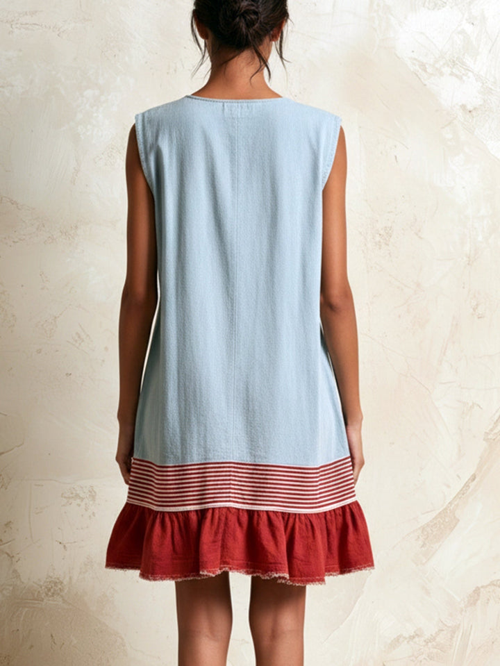 Stylish sleeveless blue mini dress for women, featuring a playful ruffle tiered hem. Great for boho summer.