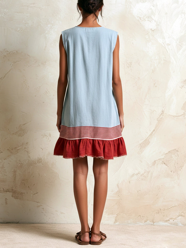 Effortless blue mini dress for women, featuring a sleeveless design and graceful tiered ruffle hem. Summer-ready.