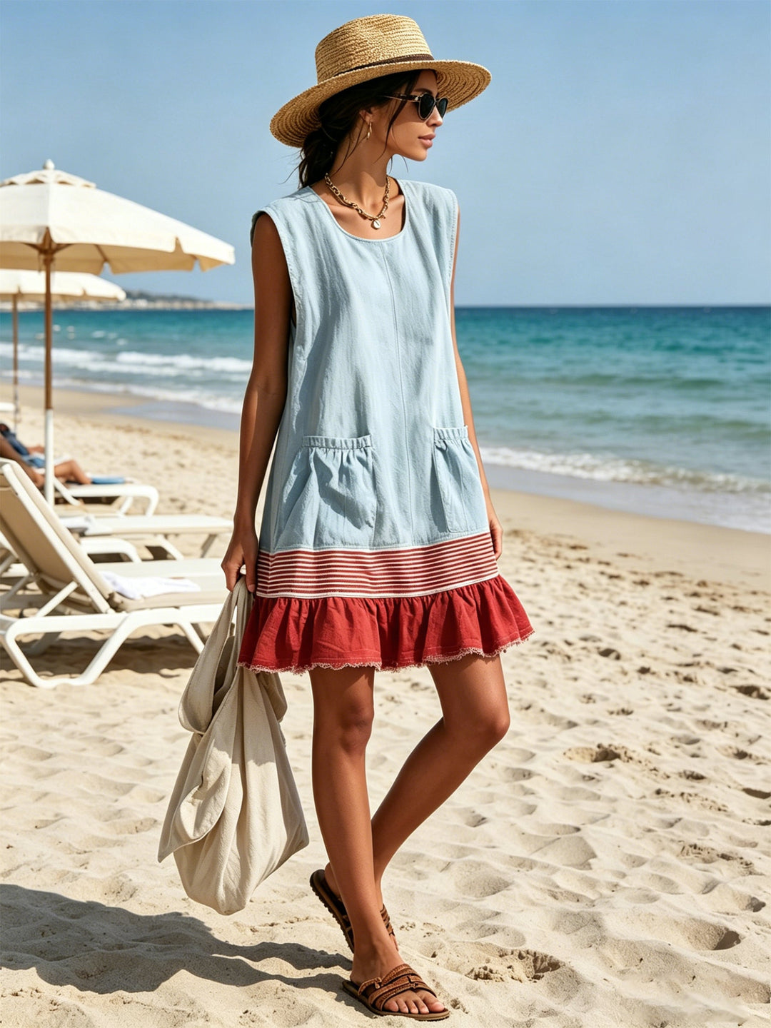 Summer-ready blue mini dress for women, boasting a trendy tiered ruffle hem. Perfect for effortless casual style.