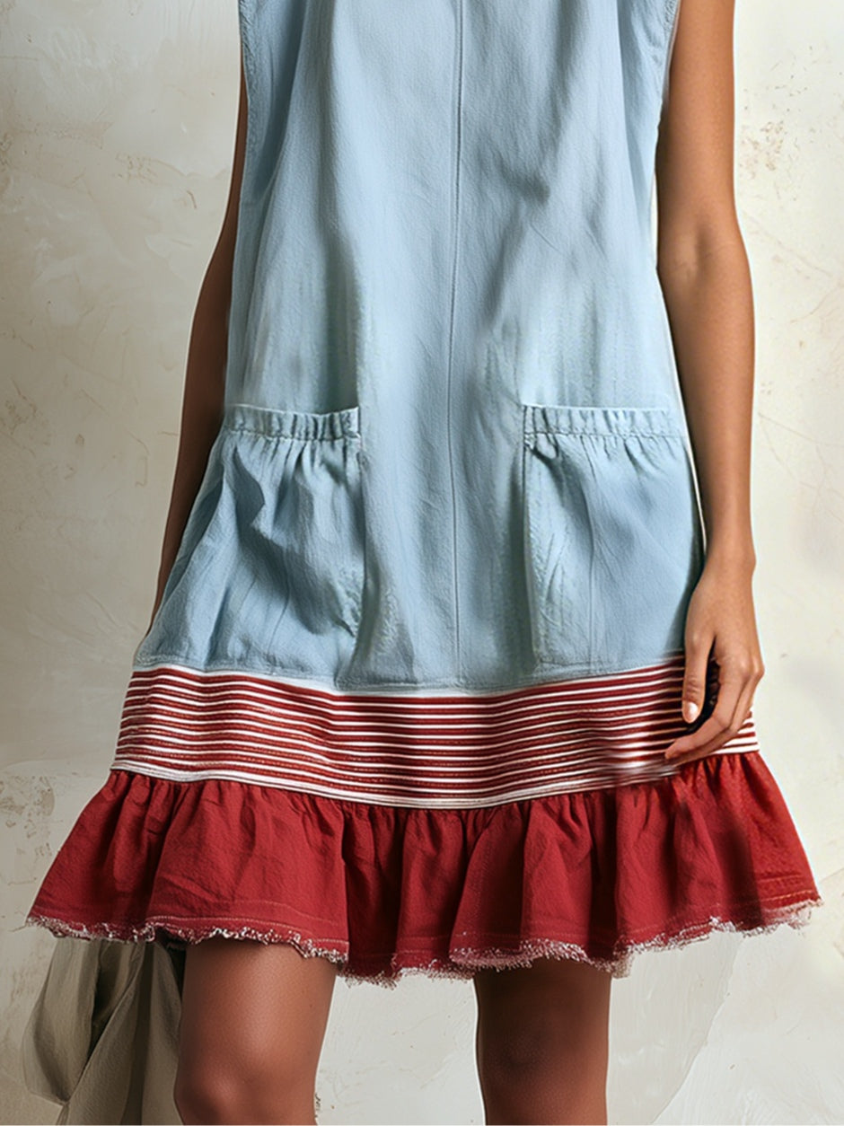 Chic women's casual blue mini dress with an adorable tiered ruffle hem. A must-have for your summer wardrobe.