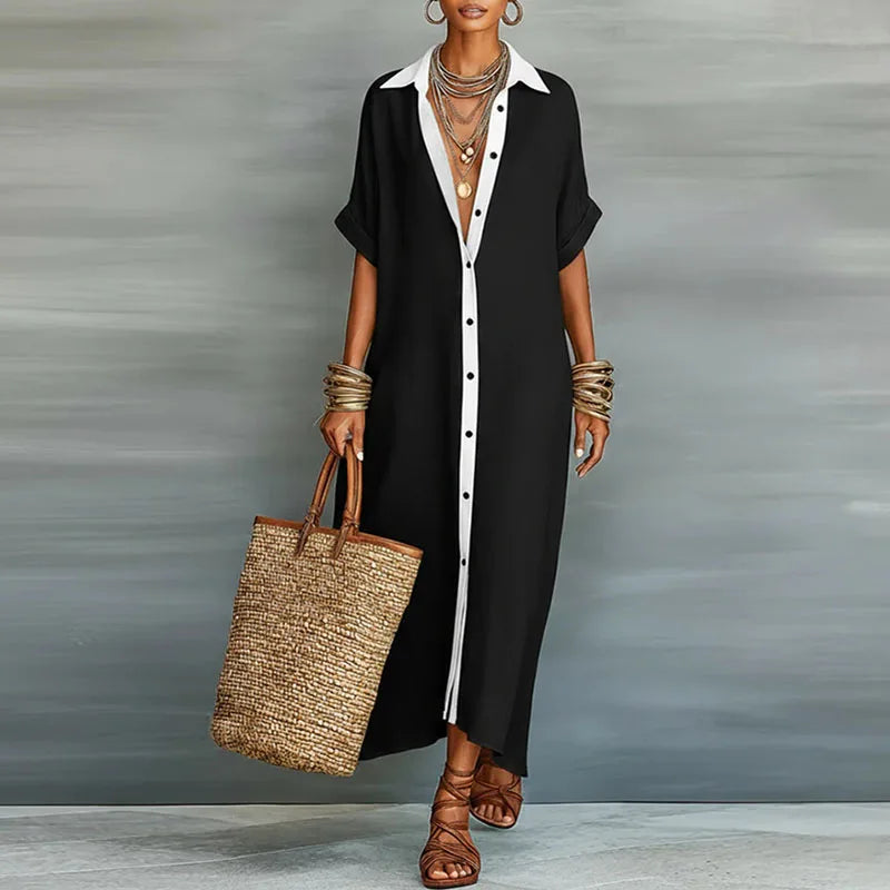 Casual yet elegant women's button-down maxi shirt dress, ideal for versatile spring outings and summer day events.