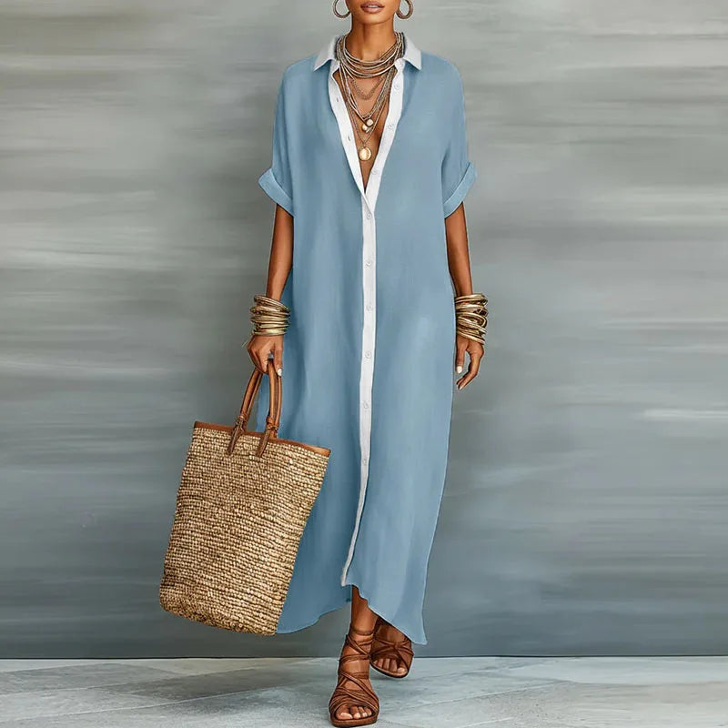 Women's versatile maxi shirt dress with button-down front, suitable for elegant or casual spring/summer styling.