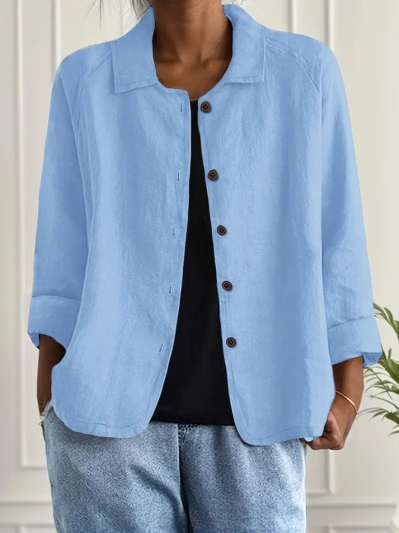 Women's effortless button-front casual top, relaxed fit, perfect for everyday wear.