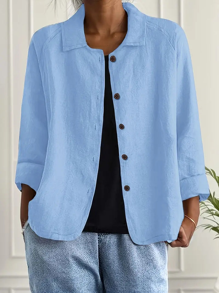 Women's effortless button-front casual top, relaxed fit, perfect for everyday wear.
