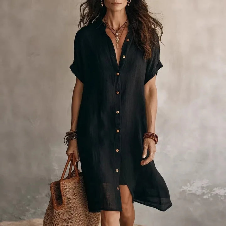 Women's effortless button-front midi dress with short sleeves, perfect for casual summer everyday wear or travel.