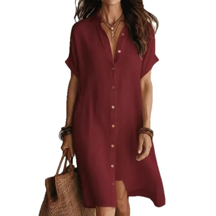 Versatile women's button-front midi dress, a casual short sleeve style for everyday, brunch, or vacation wear.