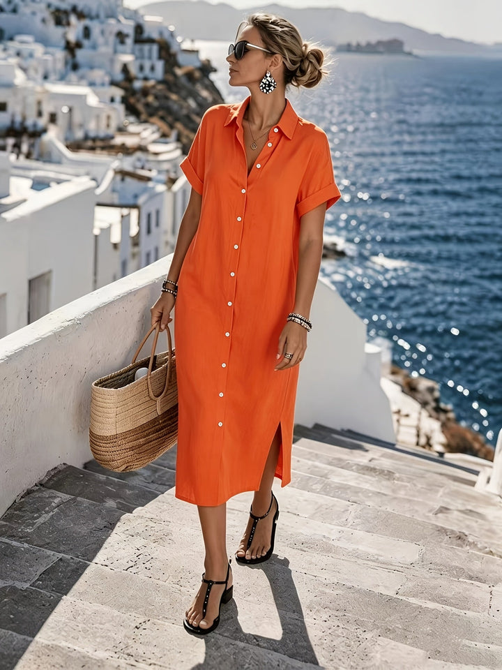 Women's effortless button-front short sleeve midi shirt dress for casual summer style.