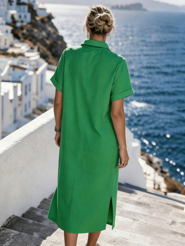 Relaxed fit women's short sleeve button-front midi shirt dress, perfect for summer.