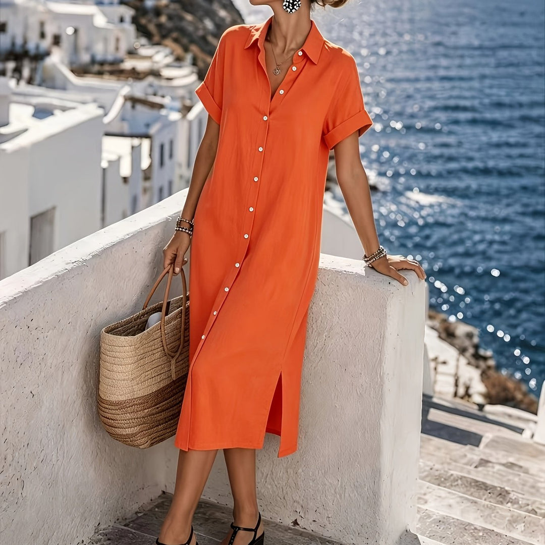 Women's casual short sleeve button-front midi shirt dress, great for travel outfits.