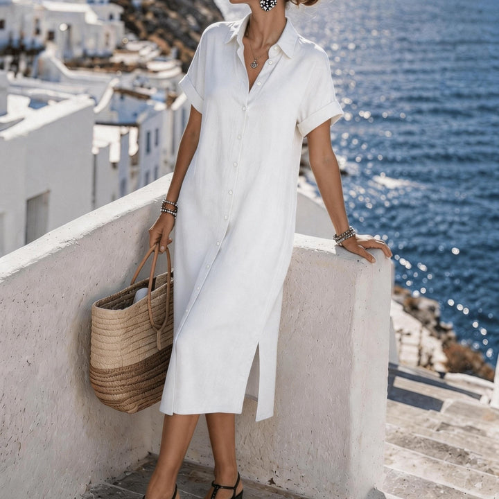 Effortless women's summer button-front short sleeve midi shirt dress.