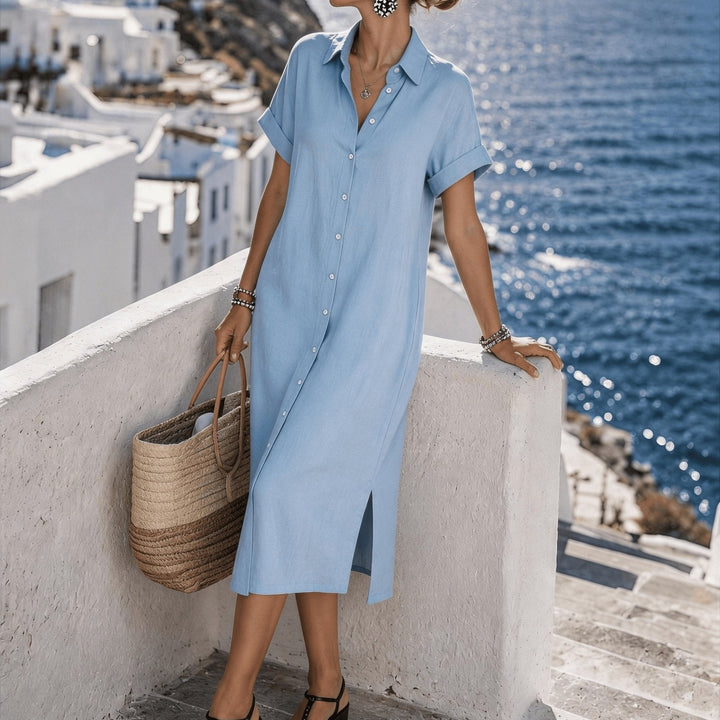 Women's stylish collared button-front short sleeve midi shirt dress, any occasion.