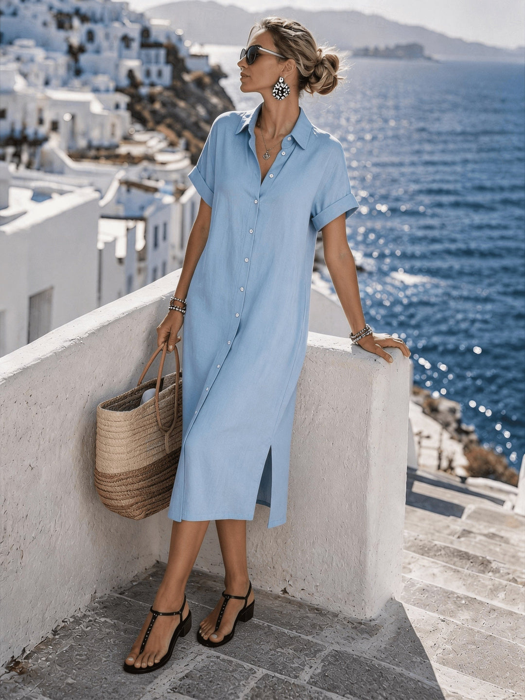 Effortless button-front collared midi shirt dress for women, ideal for travel fashion.