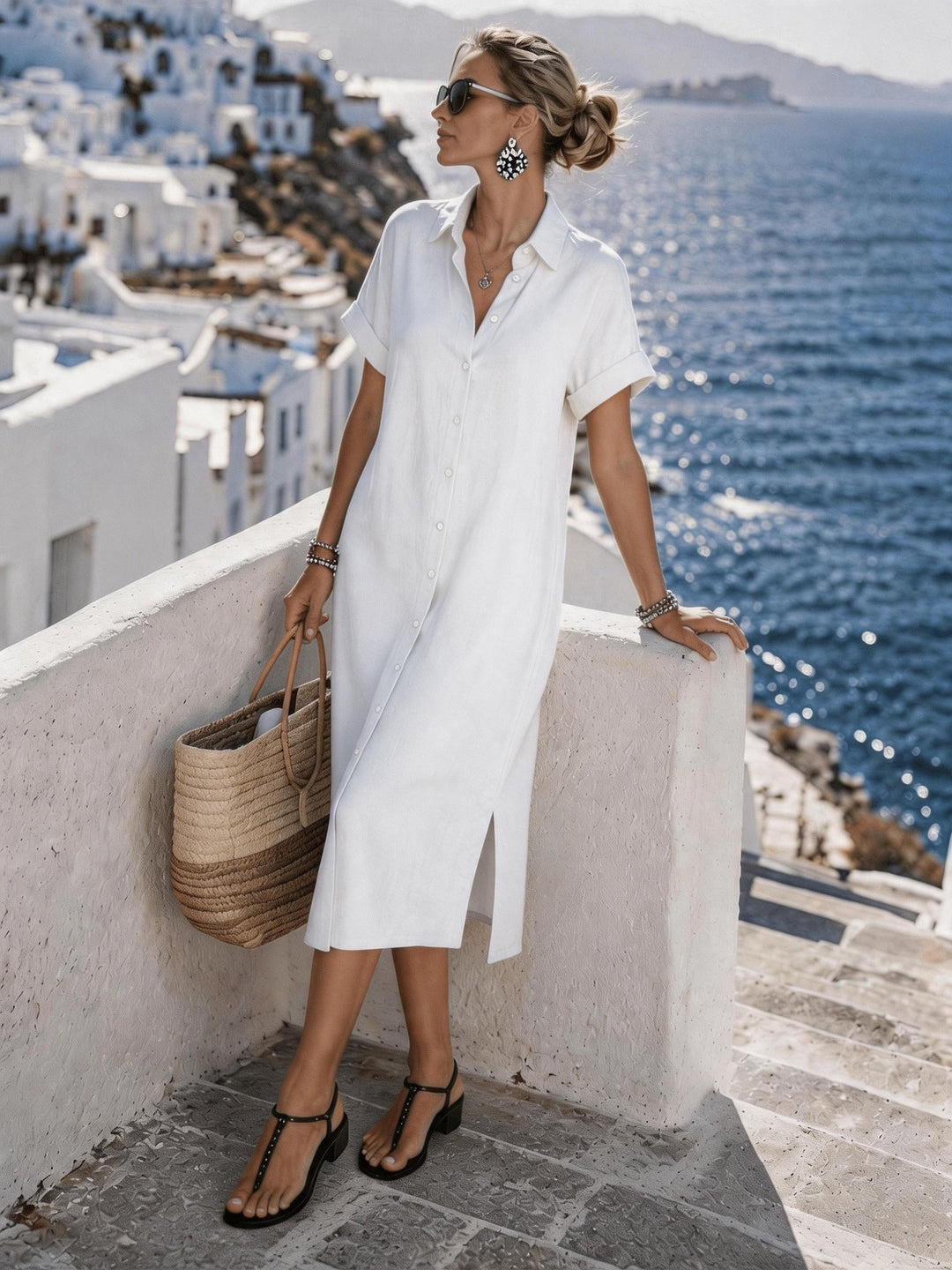Casual short sleeve button-front midi dress for women, a summer fashion essential.
