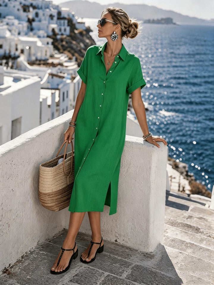 Summer vacation ready: women's button-front short sleeve midi shirt dress.