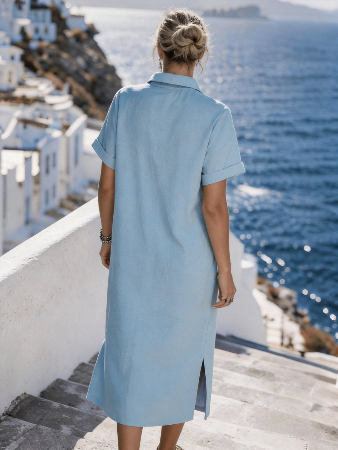 Lightweight women's casual short sleeve button-front midi shirt dress design.