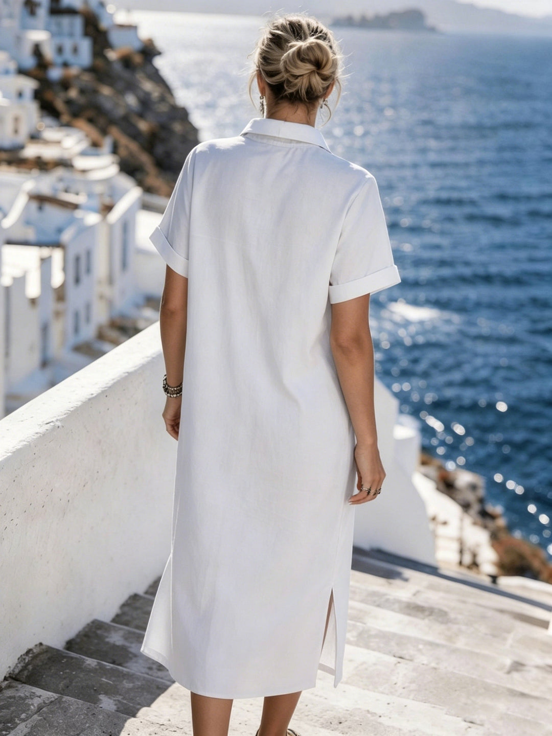 Versatile women's button-front short sleeve midi shirt dress, for various occasions.