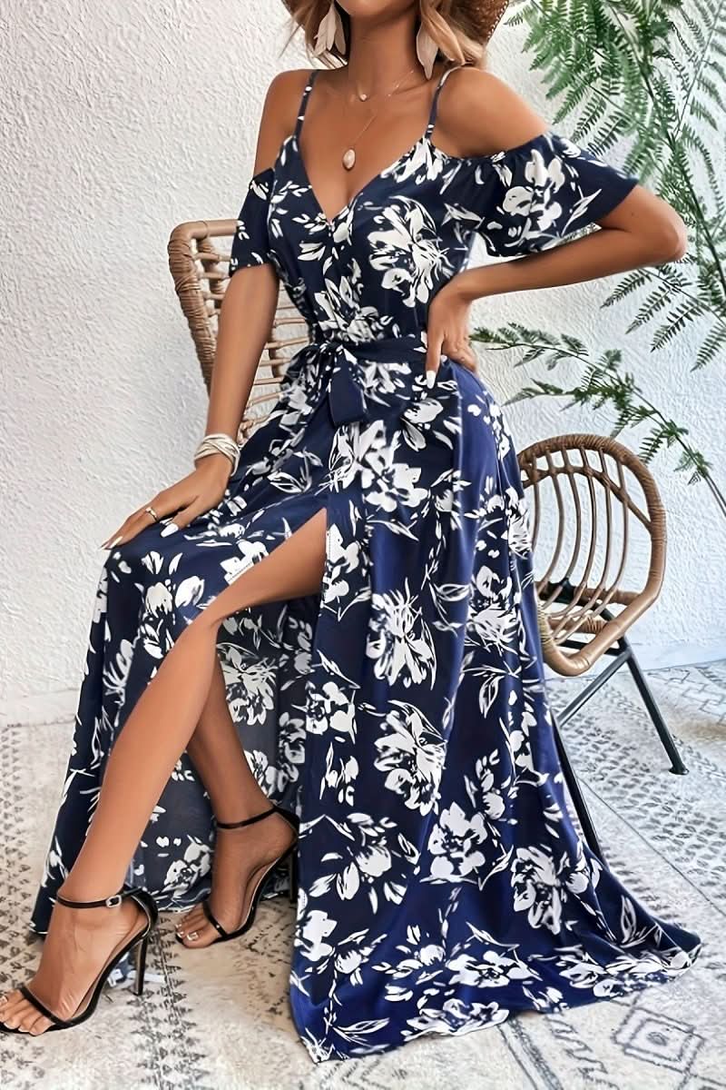 Women's Effortless Cold Shoulder Maxi Dress, perfect for romantic summer evenings or wedding guests.