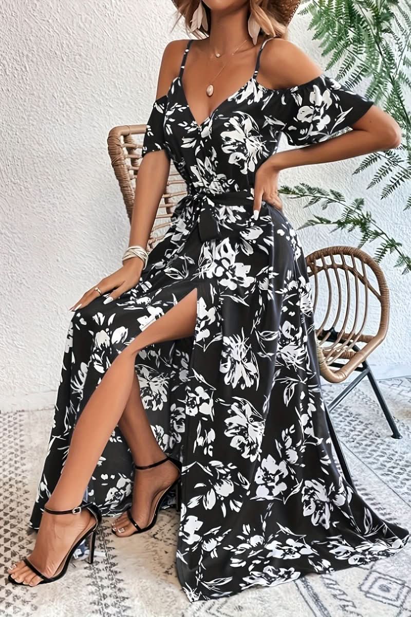 Feminine cold shoulder maxi dress, offering casual chic comfort for versatile summer fashion.