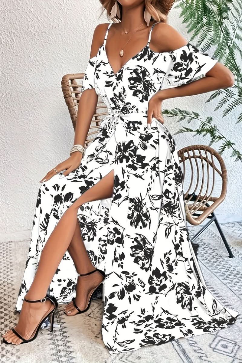 Romantic women's maxi dress with cold shoulder design, perfect for elegant summer style.