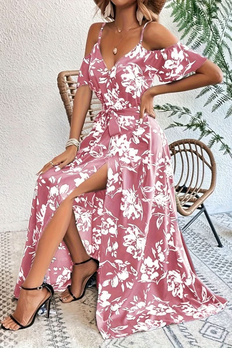 Flowy effortless cold shoulder maxi dress, a versatile choice for wedding guest or party attire.