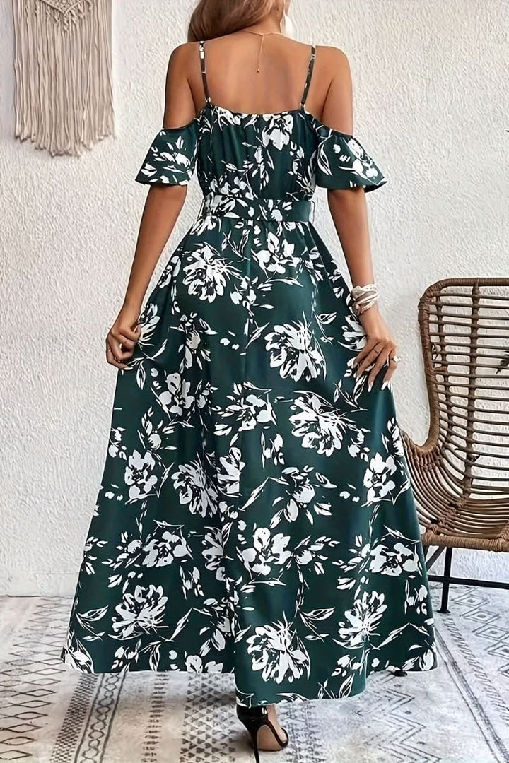 Stylish women's cold shoulder maxi dress, combining elegance with a romantic summer vibe.
