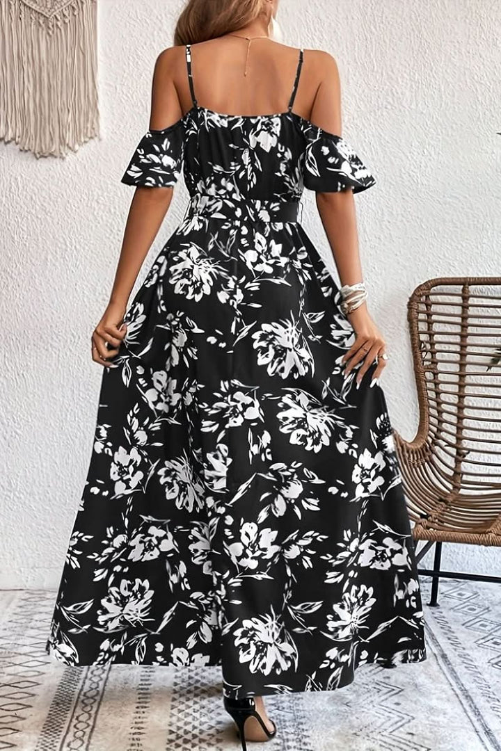 Casual chic cold shoulder maxi dress for women, an effortless romantic style for any occasion.