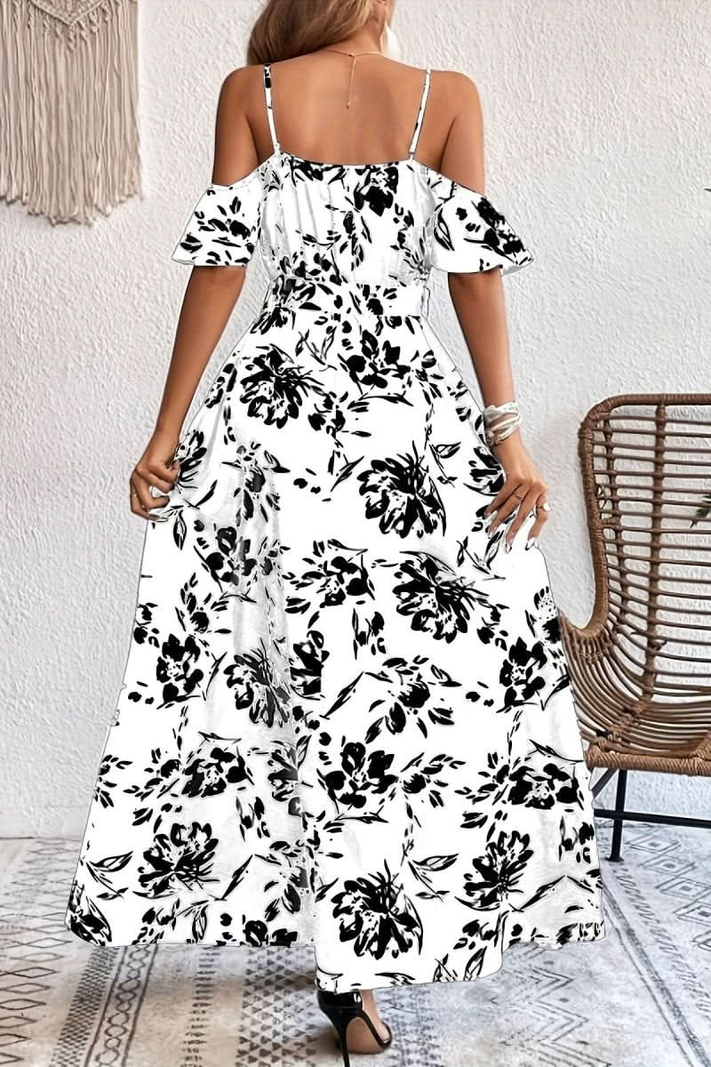Versatile women's maxi dress with cold shoulder detail, suitable for evening or romantic summer wear.