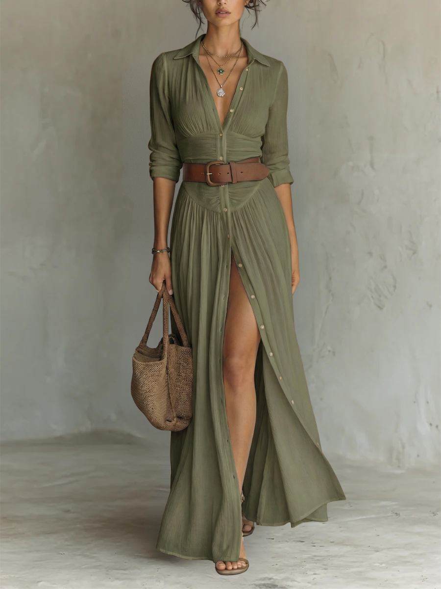 Women's effortless green collared maxi dress with a side slit, long sleeves, and button front for summer vacation.