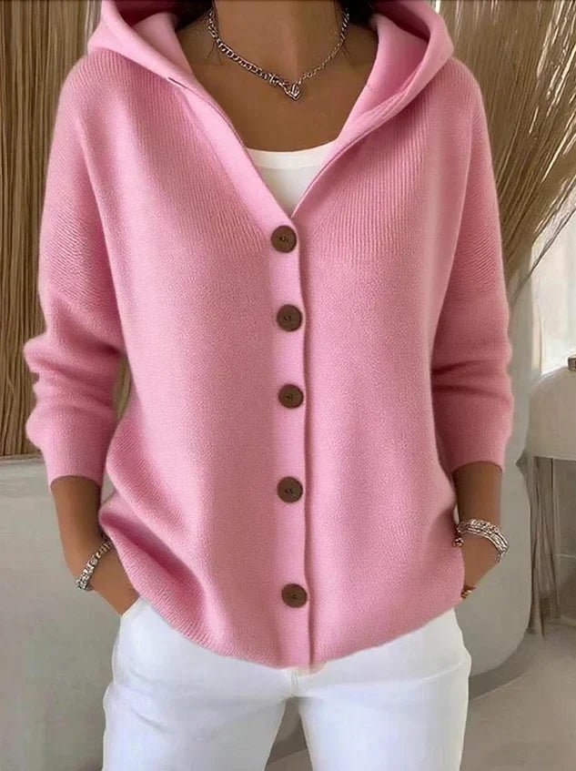 Women's effortless hooded button-front cardigan sweater, relaxed fit, perfect for cozy layering.