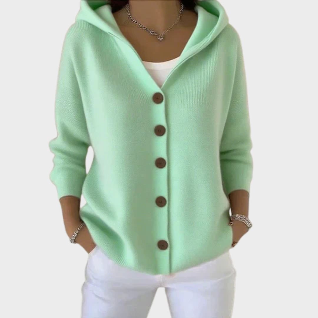 Versatile women's long sleeve hooded button-front cardigan. Effortless, relaxed fit for everyday comfort.