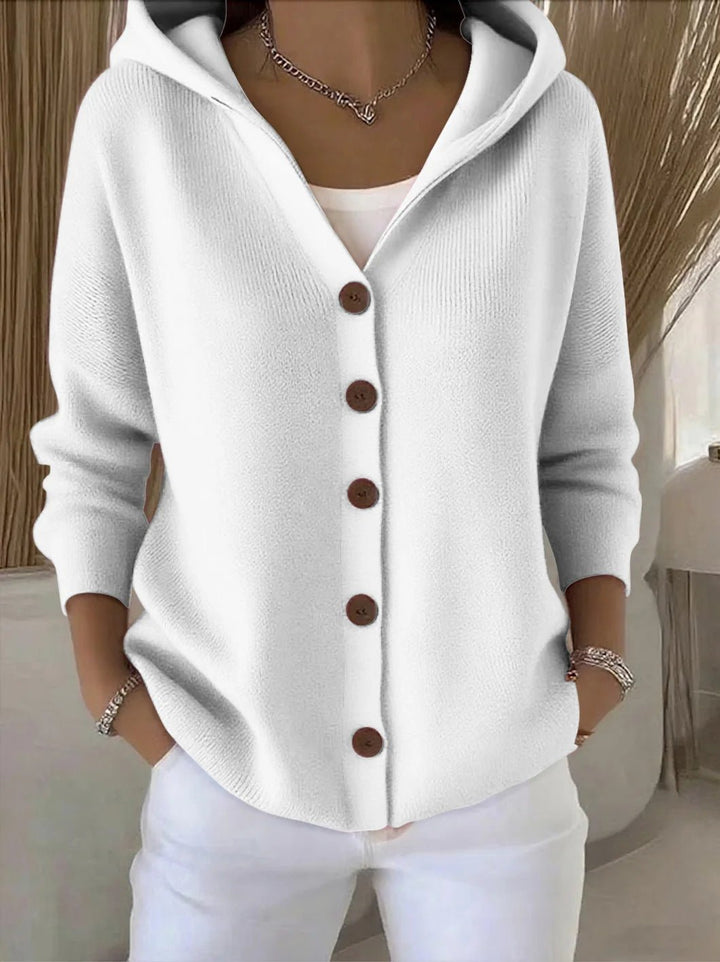 Effortless women's hooded button-front cardigan. Relaxed fit long sleeve sweater, great for layering.