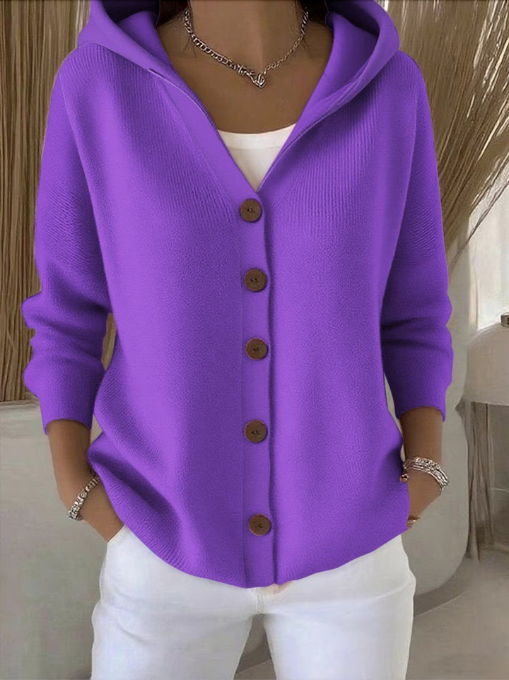 Button-front women's hooded cardigan sweater, relaxed fit. Perfect casual wear & fall fashion layering.