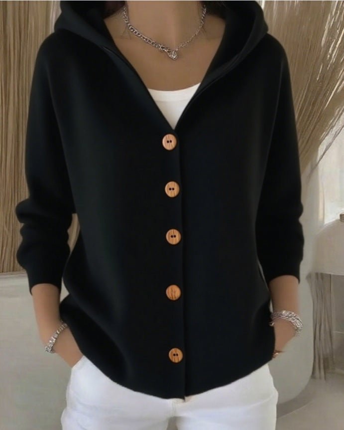 Women's comfortable hooded cardigan sweater with buttons. Relaxed fit, long sleeve, ideal for everyday.
