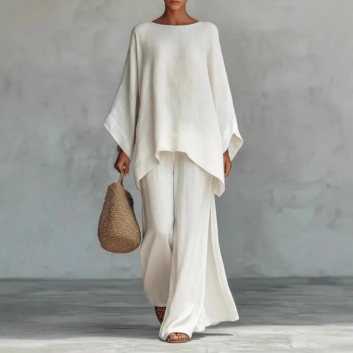 Women's effortless linen blend two-piece set, oversized top & wide-leg pants. Perfect for summer casual wear.