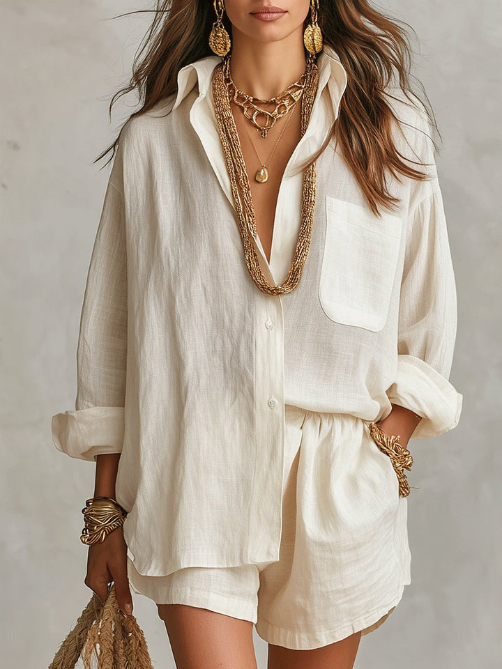 Women's effortless linen-look two-piece short set in a relaxed fit for casual summer wear.