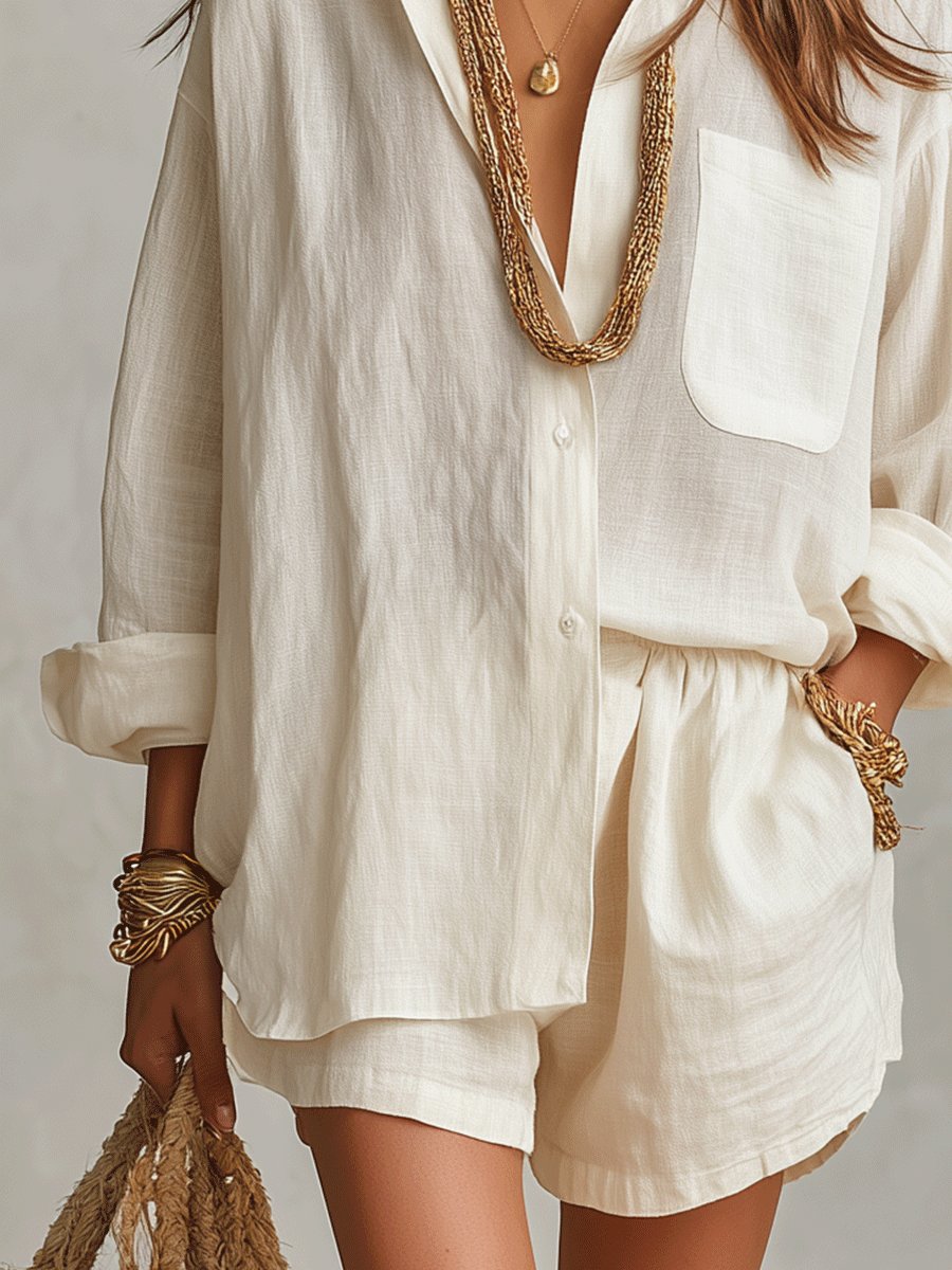 Elegant women's summer short set, two-piece linen-look outfit with a relaxed, casual style.