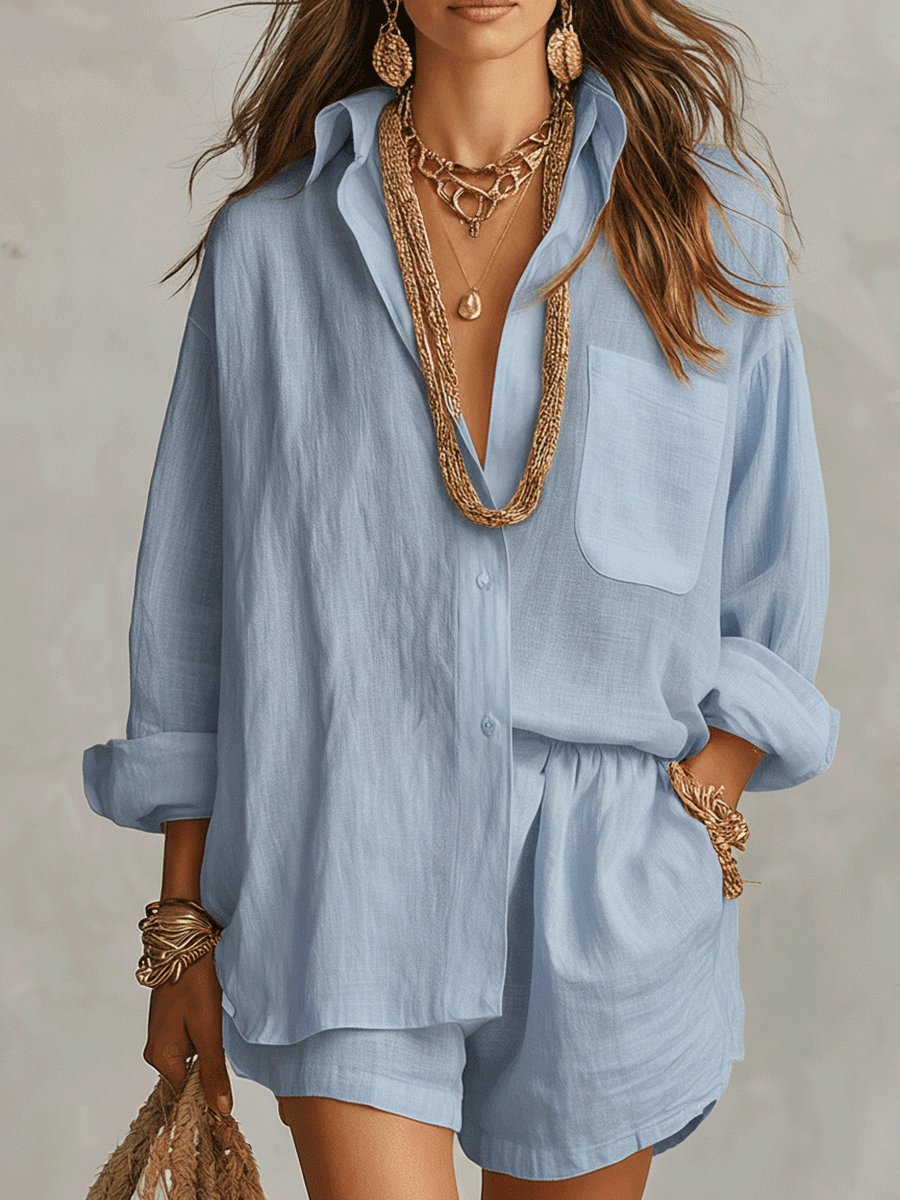 Chic women's linen-look short set, two-piece with button front top, perfect for summer vacation.