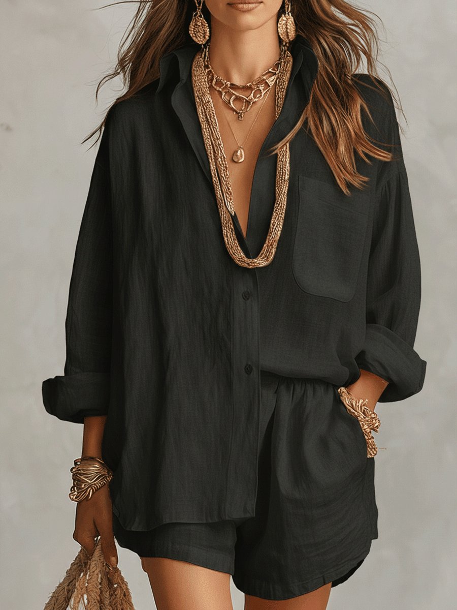 Women's summer two-piece short set with a comfortable linen-look and button-front top.