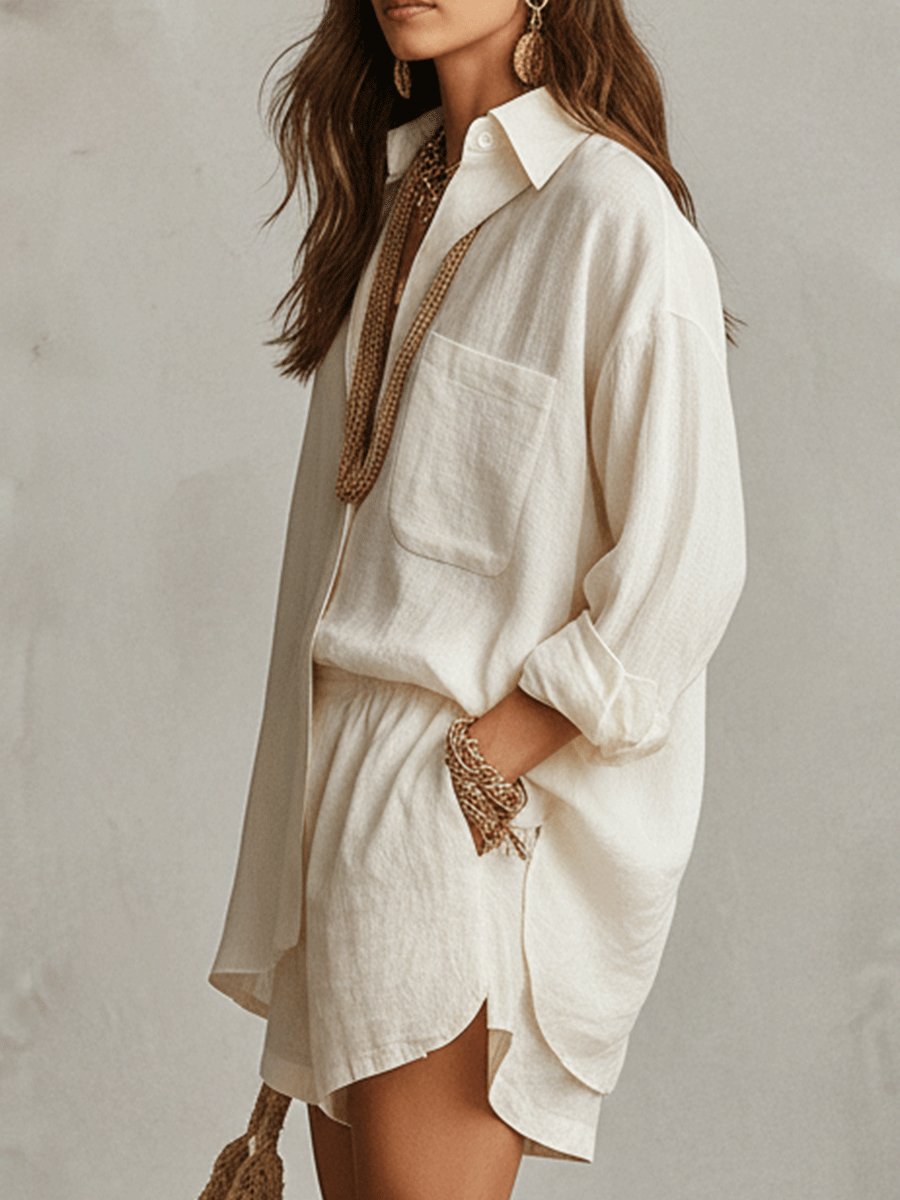 Stylish women's two-piece short set, linen-look fabric, relaxed fit for summer and casual wear.