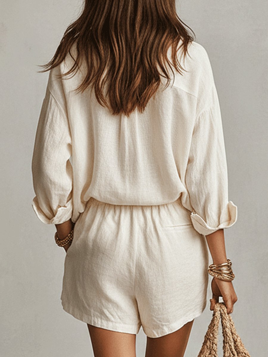 Women's casual linen-look short set, button-front top and shorts, ideal for warm weather.