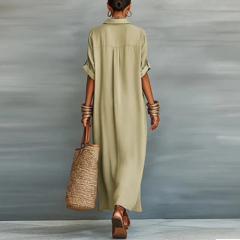 Stylish women's long shirt sundress, perfect for summer. Casual button-down maxi dress, comfortable and versatile.