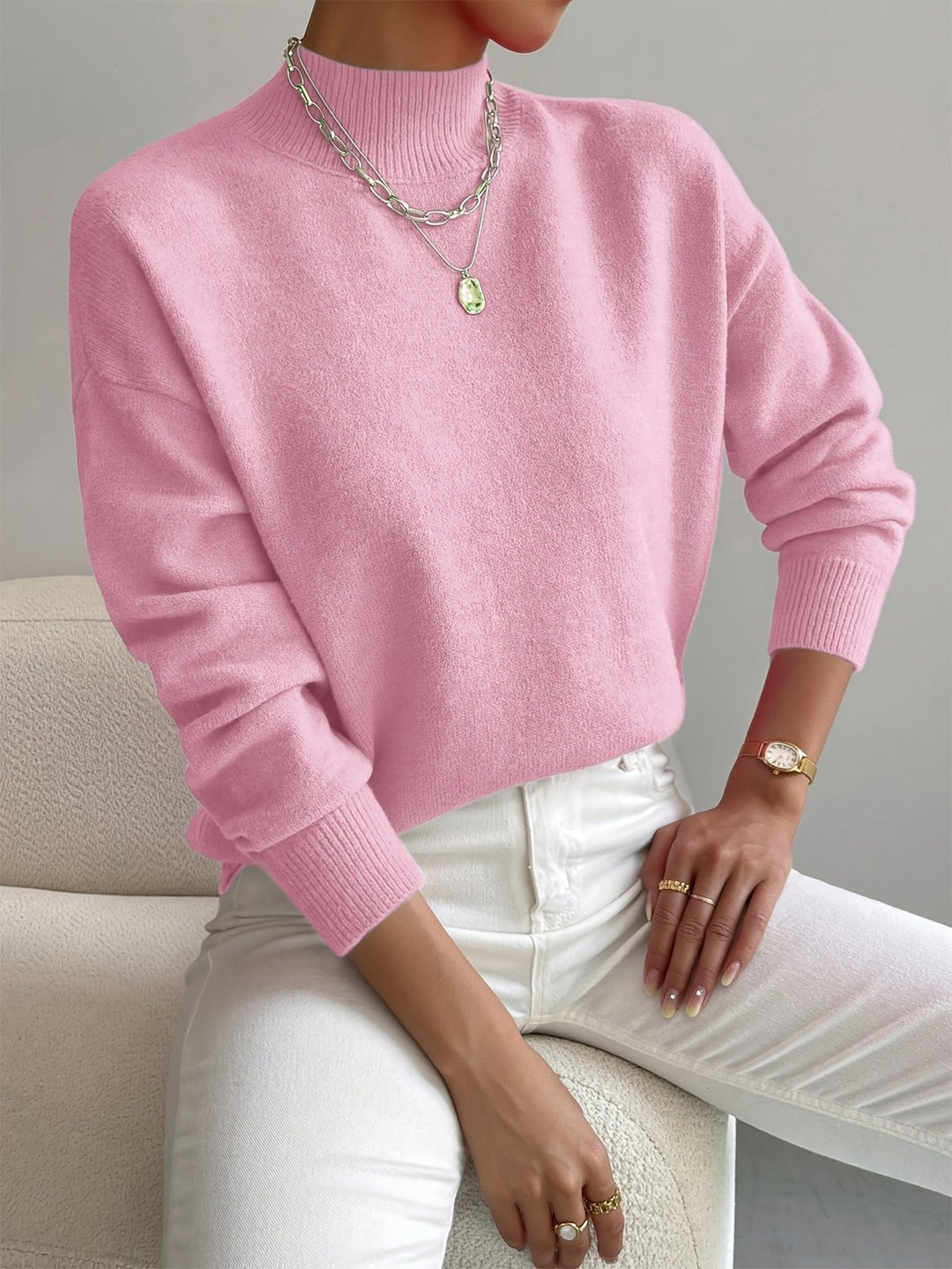 Stylish long sleeve mock turtleneck sweater for women, perfect for casual wear and office style.
