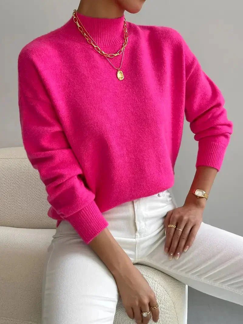 Elegant women's mock turtleneck, long sleeve & relaxed fit. Essential for fall/winter outfits.