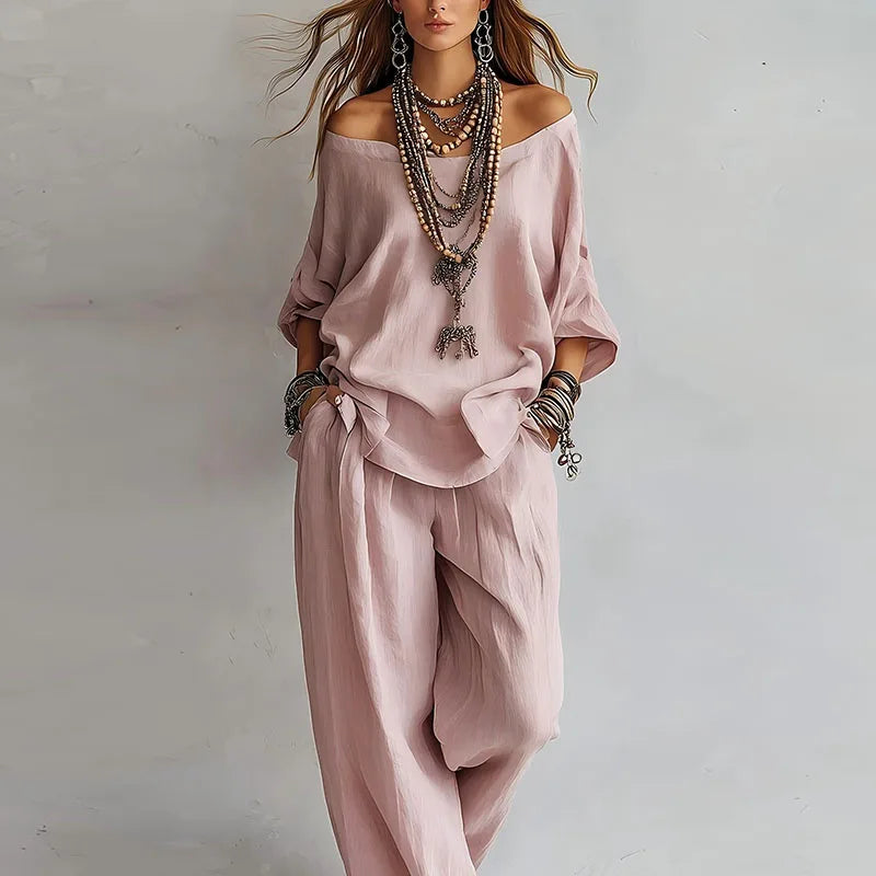 Women's effortless off-shoulder co-ord set with wide-leg pants. Comfortable two-piece matching lounge outfit for summer.