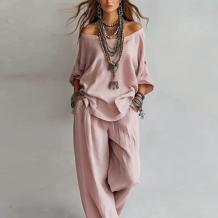 Women's effortless off-shoulder co-ord set with wide-leg pants. Comfortable two-piece matching lounge outfit for summer.