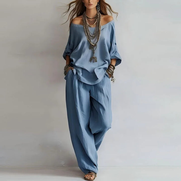 Effortless women's off-shoulder co-ord set. Stylish two-piece matching lounge outfit with wide-leg pants for summer.