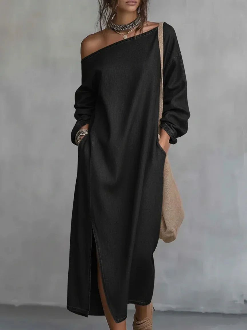 Flowy Women's One Shoulder Maxi Dress, ideal for beachwear & vacation. Relaxed oversized fit, easy pull-on.