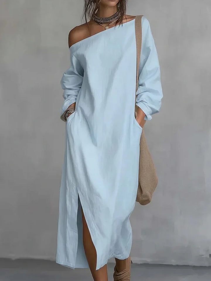 Elegant Women's One Shoulder Maxi Dress with a versatile oversized fit. Great as a casual or vacation dress.