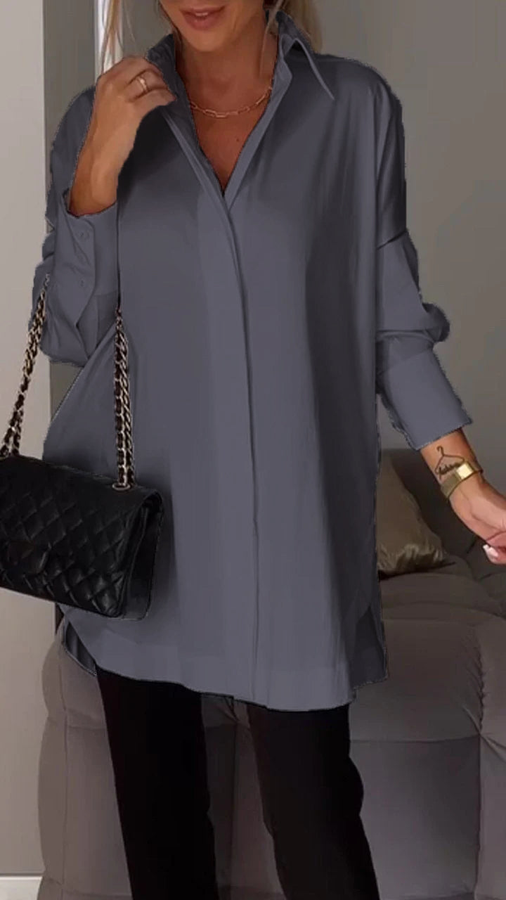 Relaxed fit women's collared blouse, an elegant oversized top suitable for both office and casual occasions.
