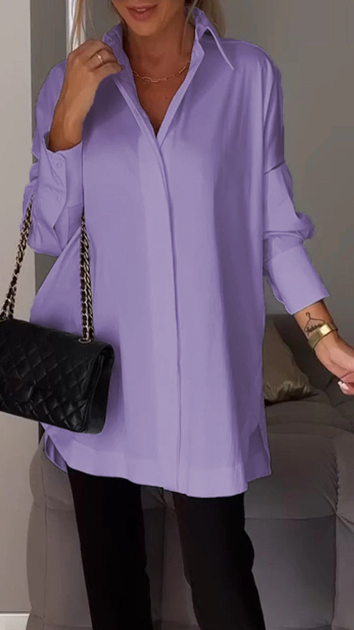 Stylish women's oversized long sleeve blouse with collar, a lightweight and comfortable top for versatile wear.